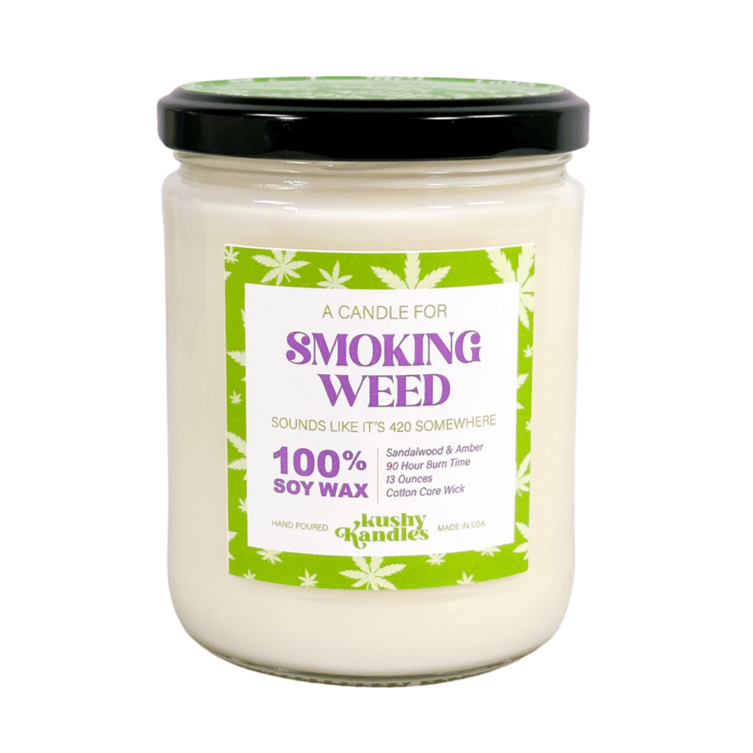 Serene Smoking Weed Kush Candle with sandalwood and amber scents, made with eco-friendly soy wax for a peaceful atmosphere.