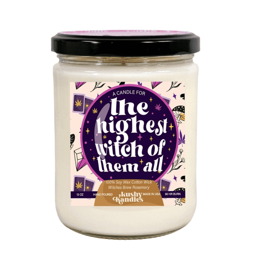 Soy wax candle titled 'Highest Witch of them All' with eucalyptus, mint, and citrus scent, ideal for an eco-friendly, magical ambiance.