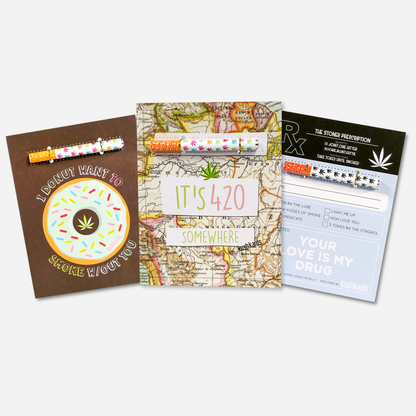 Everyday KushKards cannabis greeting card set featuring donut, 420 map, and prescription-style designs with one-hitter pipes
