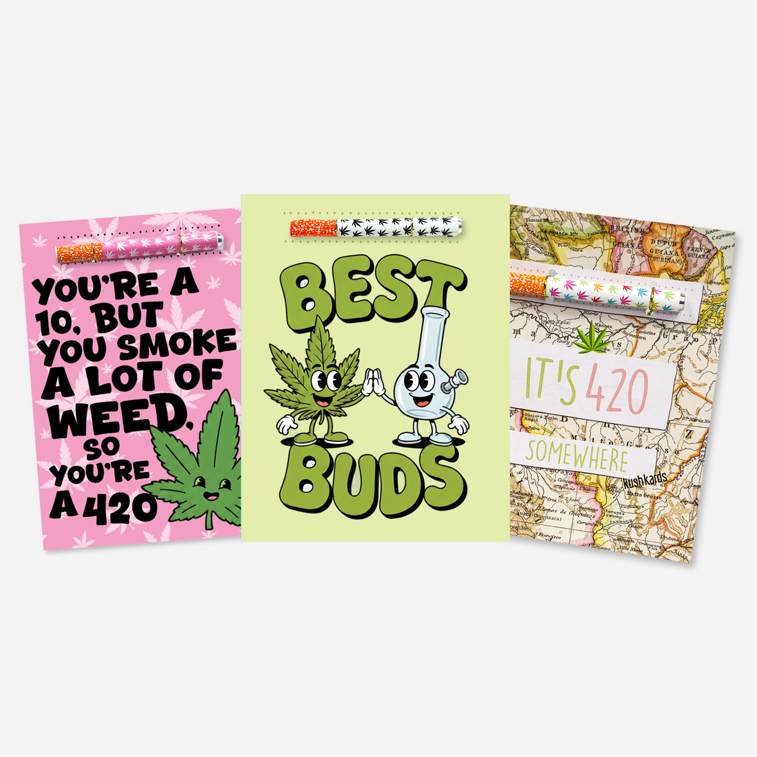 Three 420 Themed Greeting Cards with One Hitter Pipes Attached 