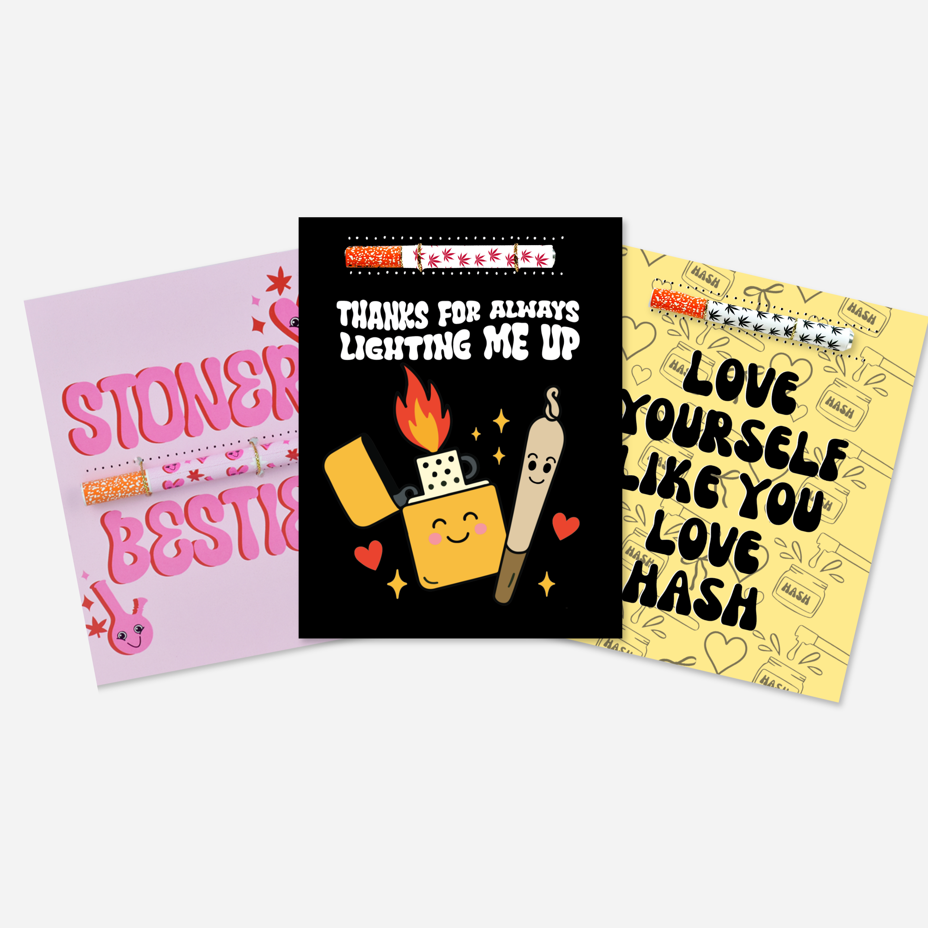The Greeting Cards with One Hitter Pipes that are stoner themed and are on a light grey background