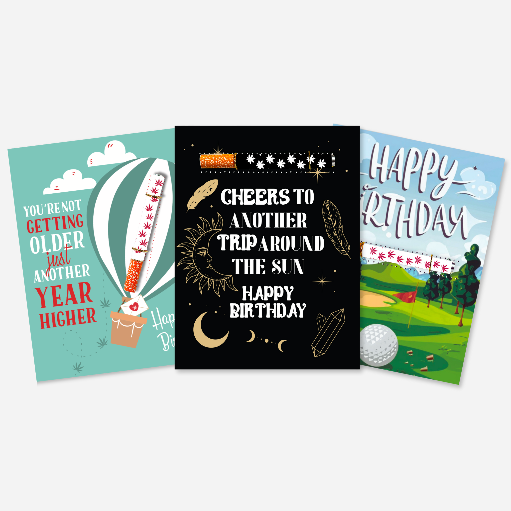 Assorted KushKards birthday set with three cannabis greeting card designs with one hitters 

