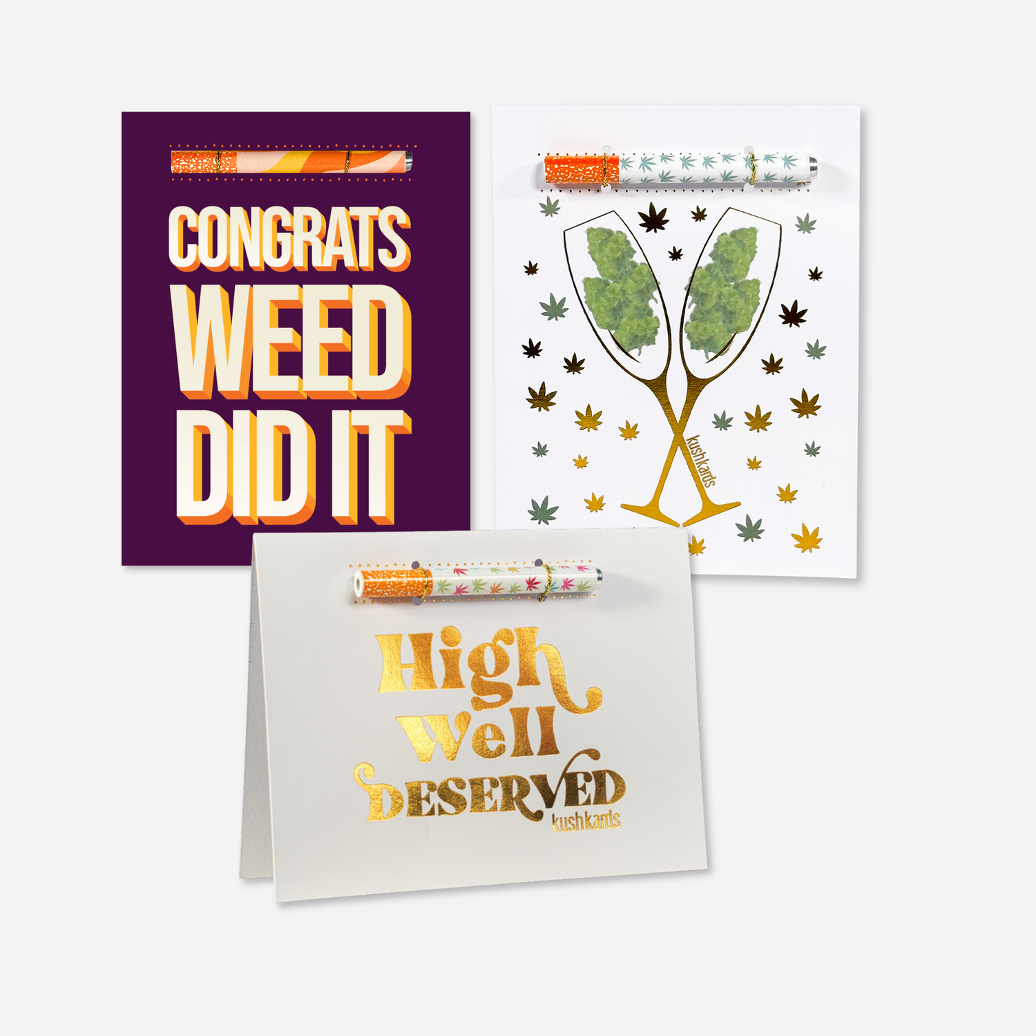 Three Congrats Cannabis Themed Greeting cards with one hitter pipes attached on a light grey background