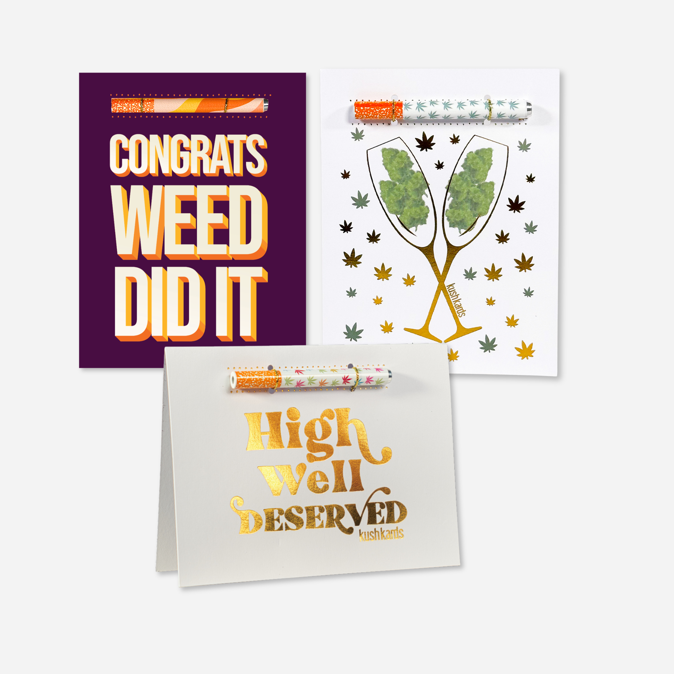 Three Congrats Cannabis Themed Greeting cards with one hitter pipes attached on a light grey background