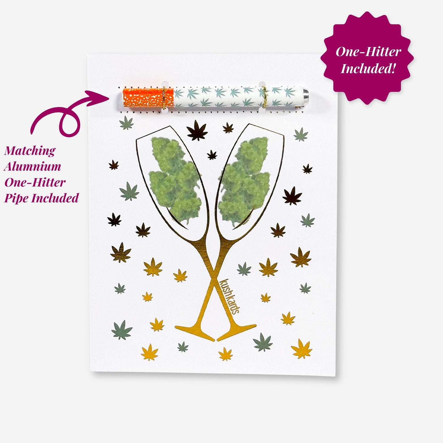 🥂 Congrats Champagne Buds Card - KushKards with 2 champagne glassed filled with nugs on a white background with gold and green pot leafs and a matching one hitter pipe