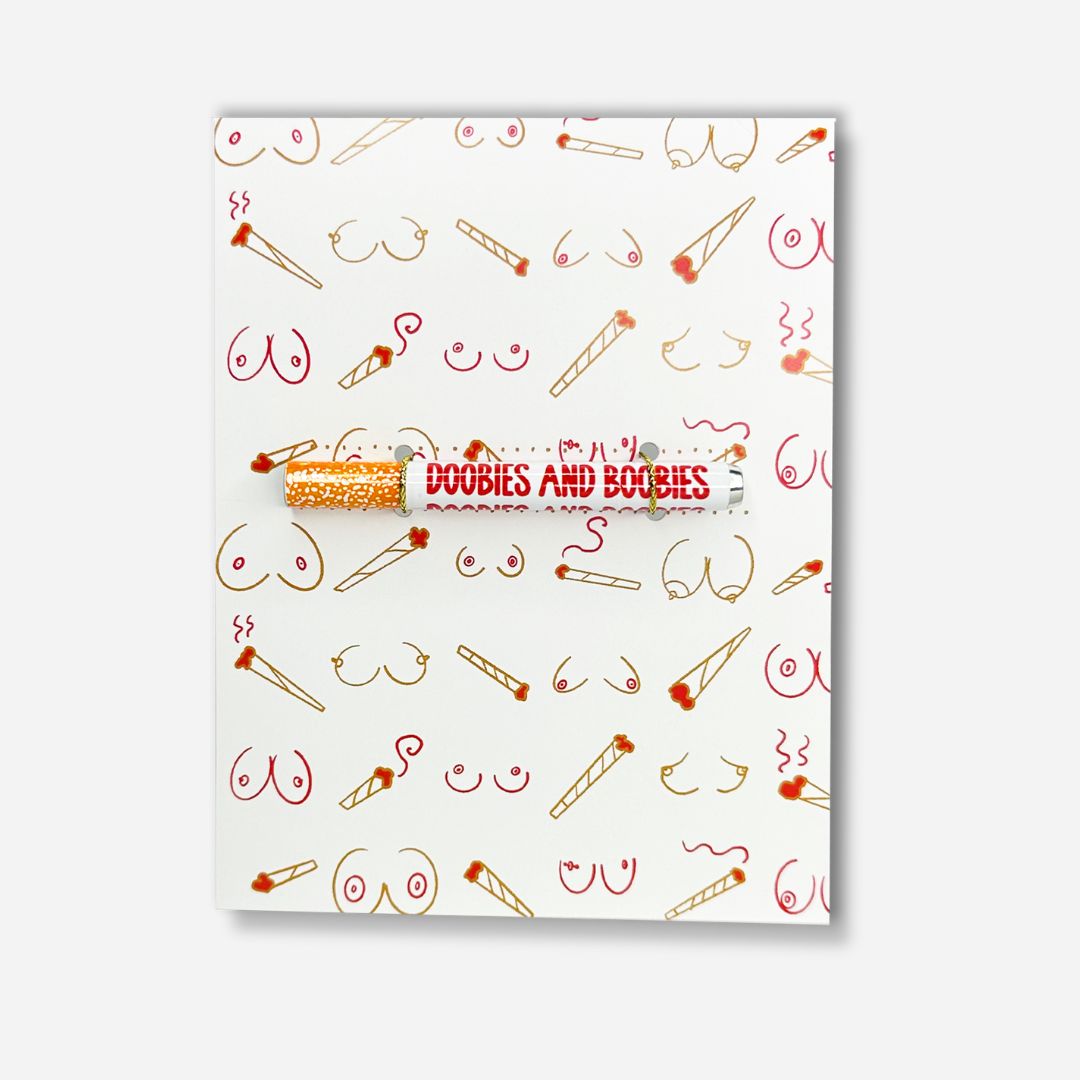 A playful greeting card with a white background, adorned with a pattern of whimsical illustrations including joints, blunts, and stylized breasts.