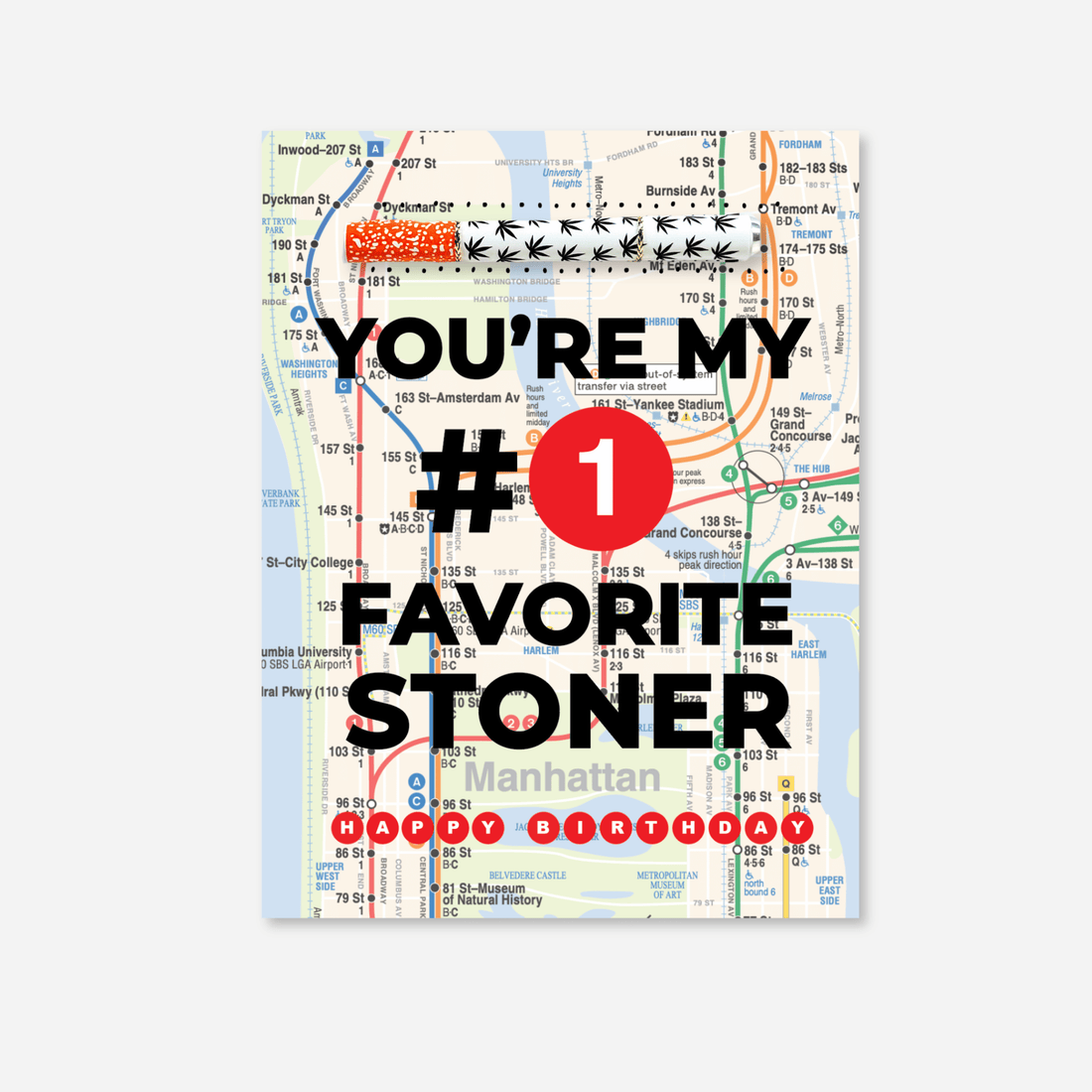 A rectangular novelty card featuring a stylized Manhattan city map with large black text reading &