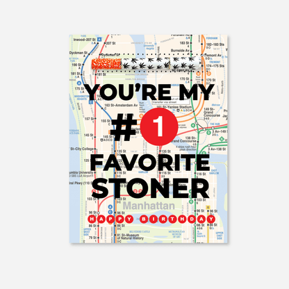 A rectangular novelty card featuring a stylized Manhattan city map with large black text reading &