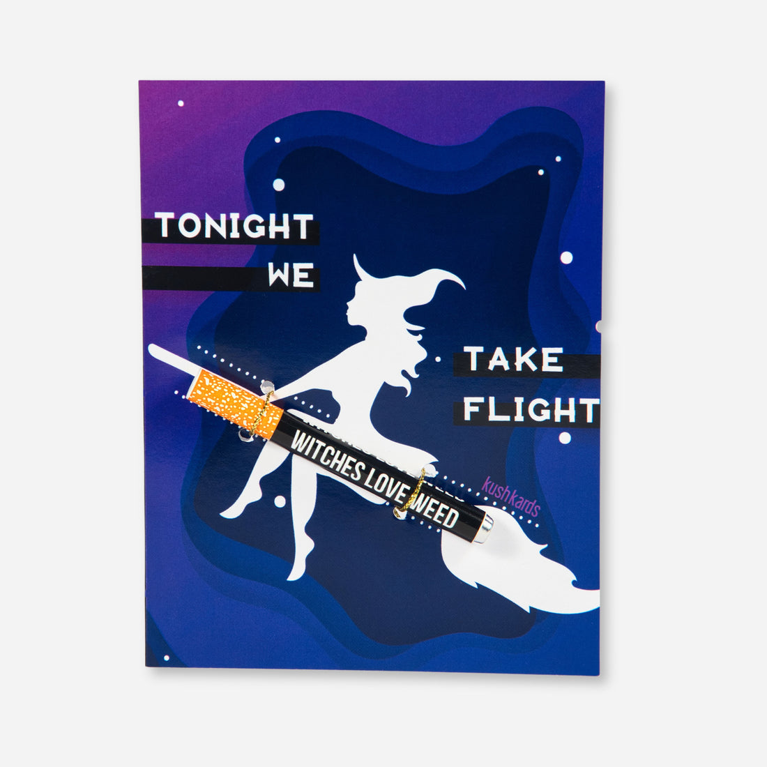  A blue and purple gradient greeting card with a wavy background and white dots representing stars. A white silhouette of a witch flying on a broomstick is in the center. The text reads &quot;TONIGHT WE TAKE FLIGHT&quot; with &quot;WITCHES LOVE WEED&quot; written on the broomstick. A matching orange and white patterned one-hitter pipe is attached to the broomstick, with an arrow pointing to it and text indicating &quot;Matching Aluminium One-Hitter Pipe Included&quot; and &quot;One-Hitter Included!&quot; in a purple burst at the top right.