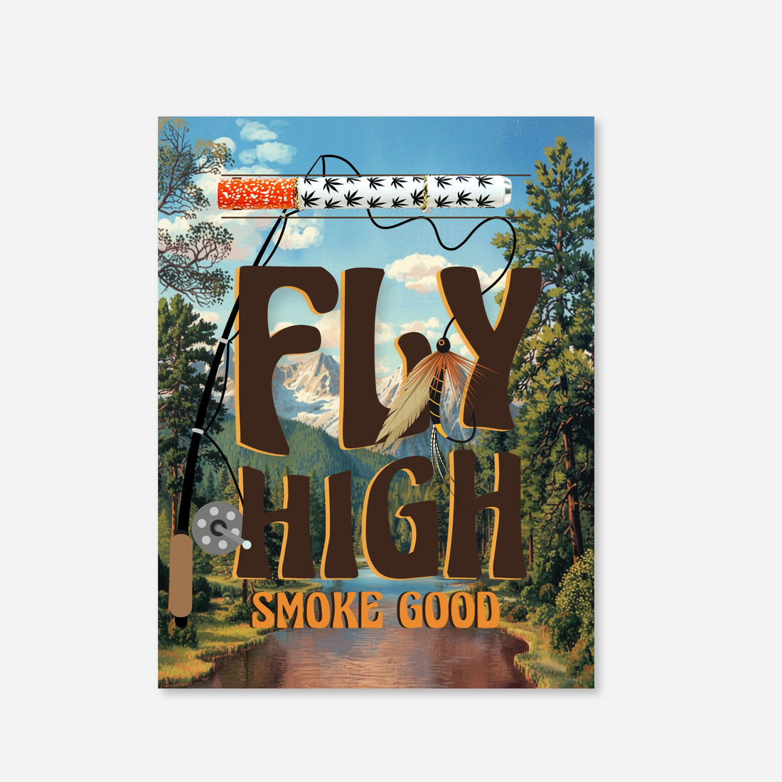 Mountain-themed greeting card that says “Fly High Smoke Good” with an aluminum one-hitter pipe included. Rustic and gift-ready.
