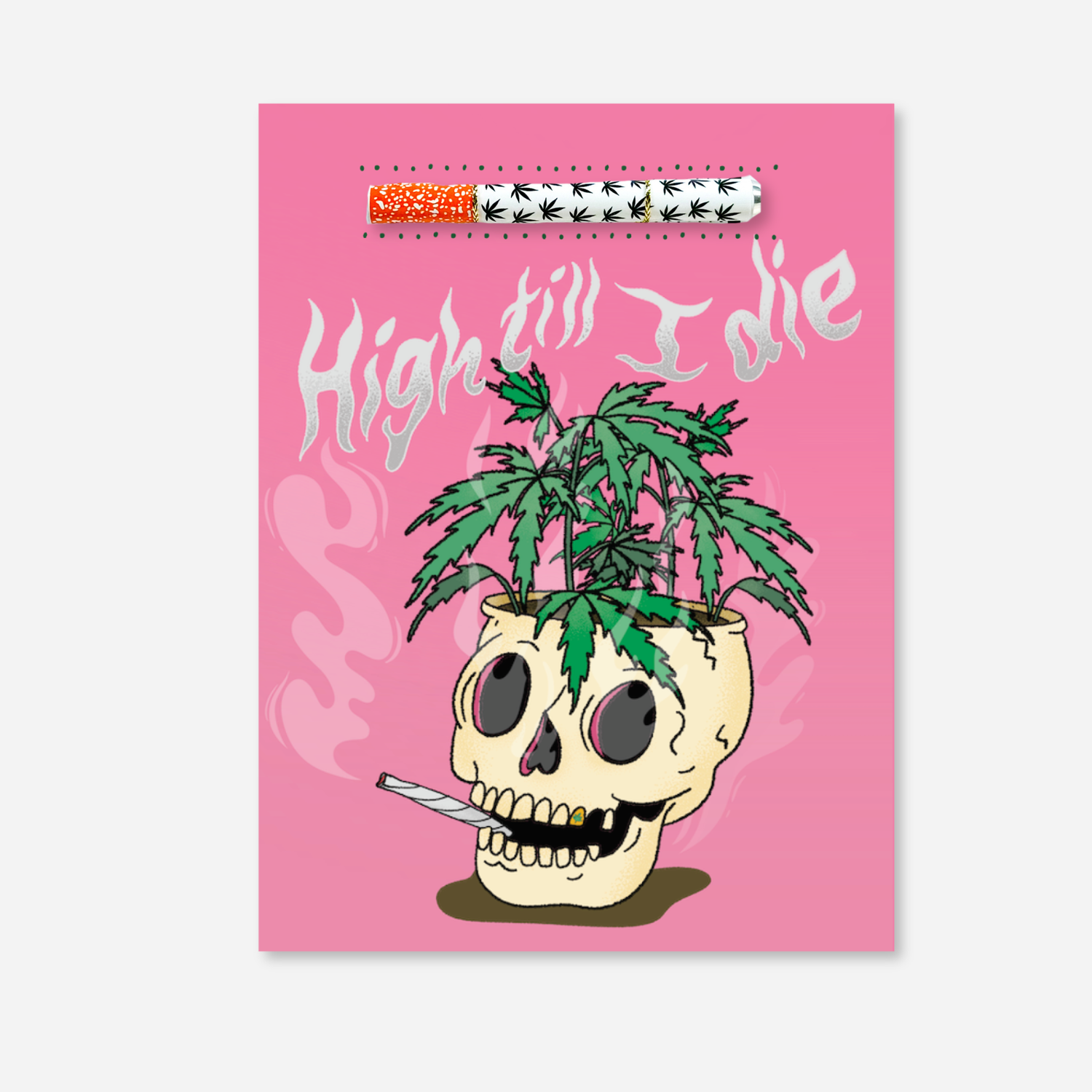 One-Hitter Image:
Pink KushKards “High Till I Die” Halloween cannabis greeting card featuring a smoking skull with a cannabis plant growing from its head, ghostly pink flames, and a matching reusable aluminum one-hitter pipe.