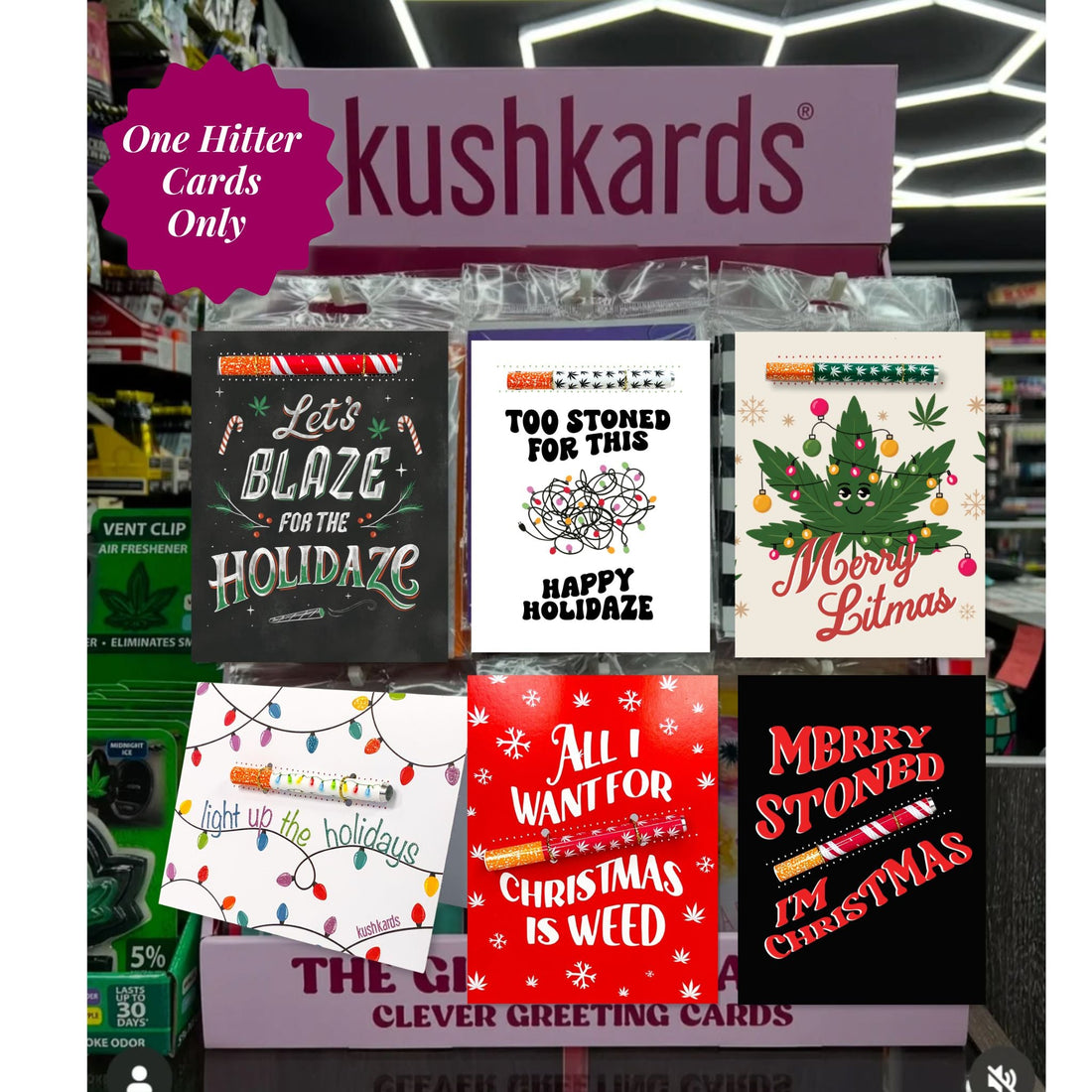 Display of Kushkards greeting cards with various designs and text.