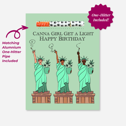 Lit Lady Liberty birthday KushKard featuring three illustrated Lady Liberties holding joints with a black and white  matching aluminum one-hitter pipe