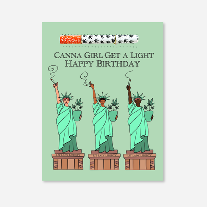 Lit Lady Liberty birthday KushKard featuring three illustrated Lady Liberties holding joints and a white and black  aluminum one-hitter pipe