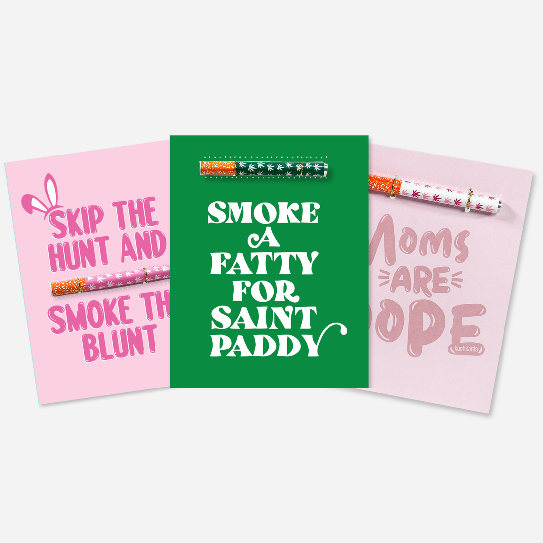 Spring KushKards greeting cards featuring matching aluminum one-hitter pipes for cannabis gifting