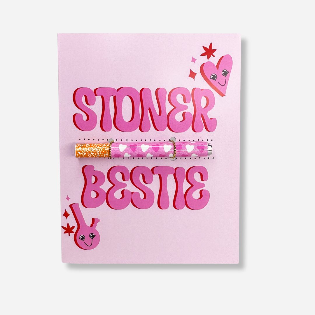 Stoner Bestie greeting card with an adorable, winking animated bong and a giggly heart character, surrounded by twinkling stars and daisy flowers on a peppy pink backdrop. 🍃❤️✨