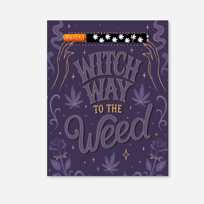 Purple KushKards “Witch Way to the Weed” Halloween cannabis greeting card with mystical hands, cannabis leaves, roses and stars, paired with a matching black-and-white aluminum one-hitter pipe.