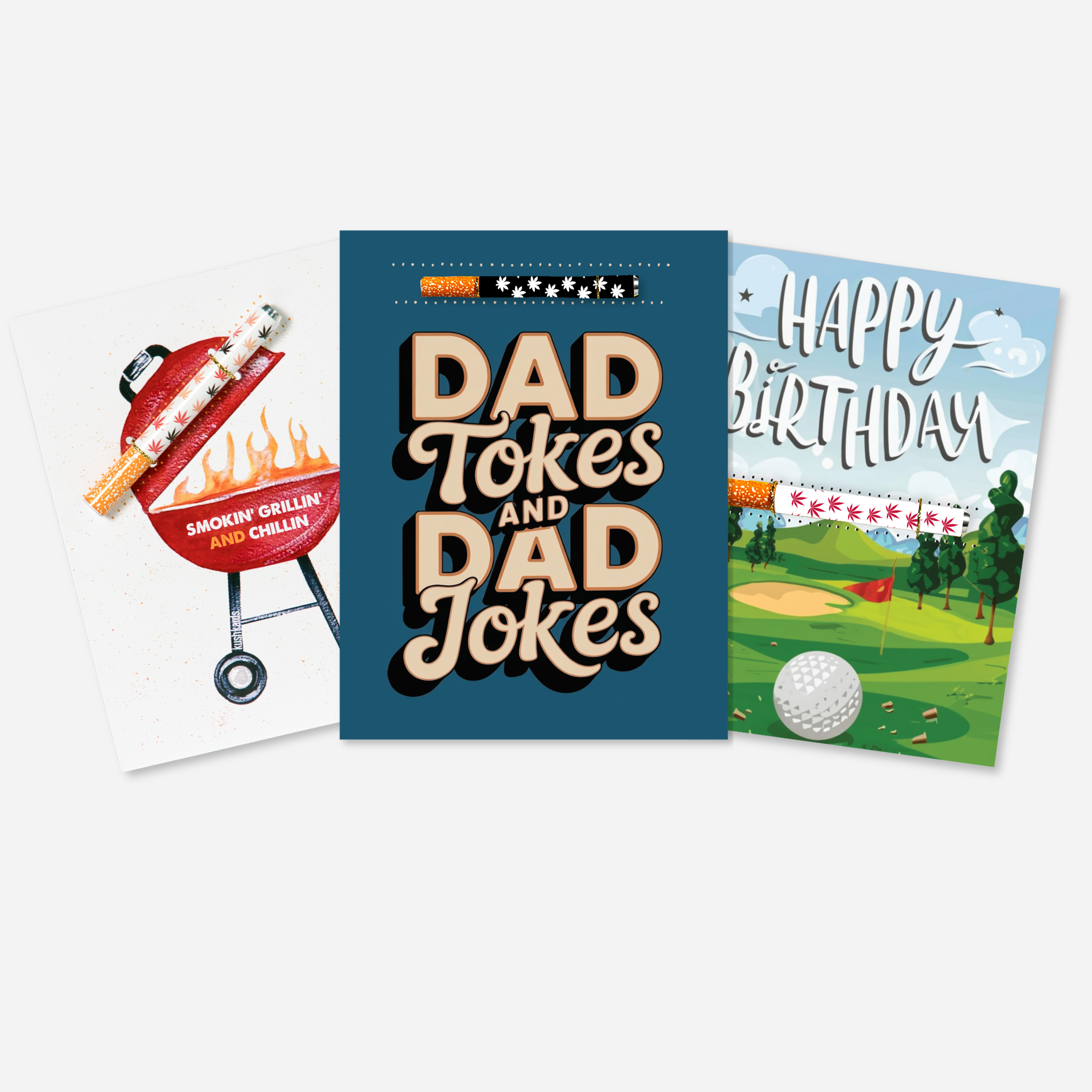 Three STONER THEMEDgreeting cards with ONE HITTER PIPES ATTACHED different designs on a white background