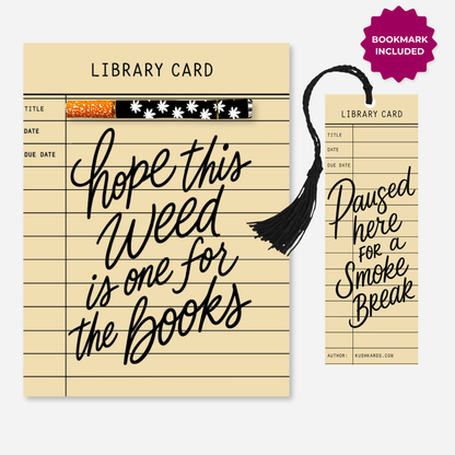 A library card bookmark set shown on a light gray background, featuring a large cream-colored card with black handwritten-style text reading &