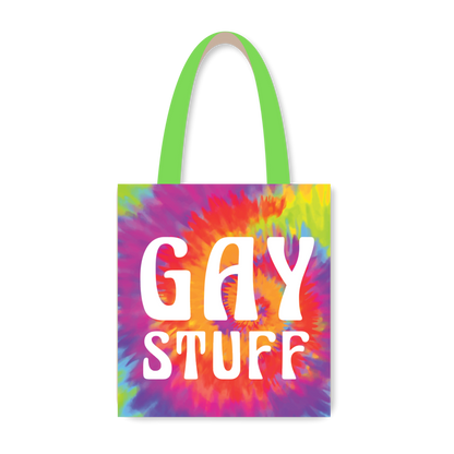 Reusable shopping bag with a vibrant tie-dye background and the text &