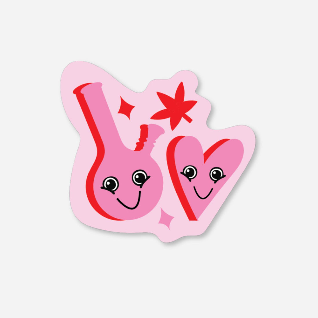 Pink cartoon sticker featuring a smiling pink bong and a smiling pink heart with a cannabis leaf, stoner besties.