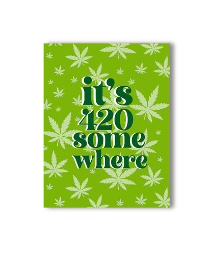 Green greeting card with marijuana leaf pattern and text &