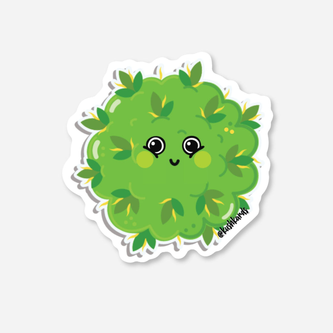 Cute green matte sticker featuring a happy, cartoon cannabis bud character with big eyes.