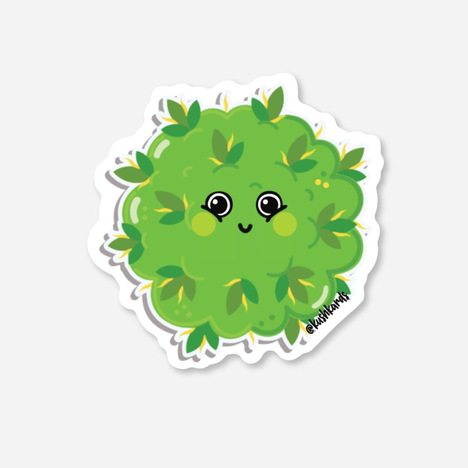 Cute green matte sticker featuring a happy, cartoon cannabis bud character with big eyes.