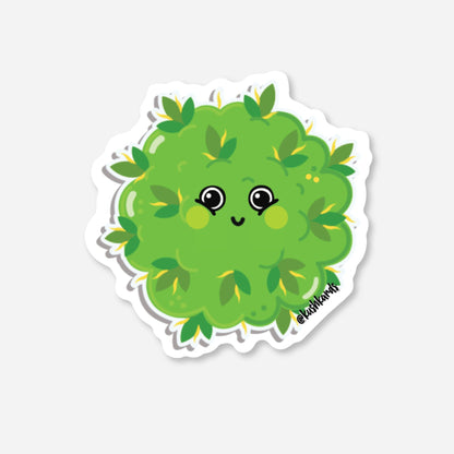 Cute green matte sticker featuring a happy, cartoon cannabis bud character with big eyes.