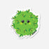 Cute green matte sticker featuring a happy, cartoon cannabis bud character with big eyes.