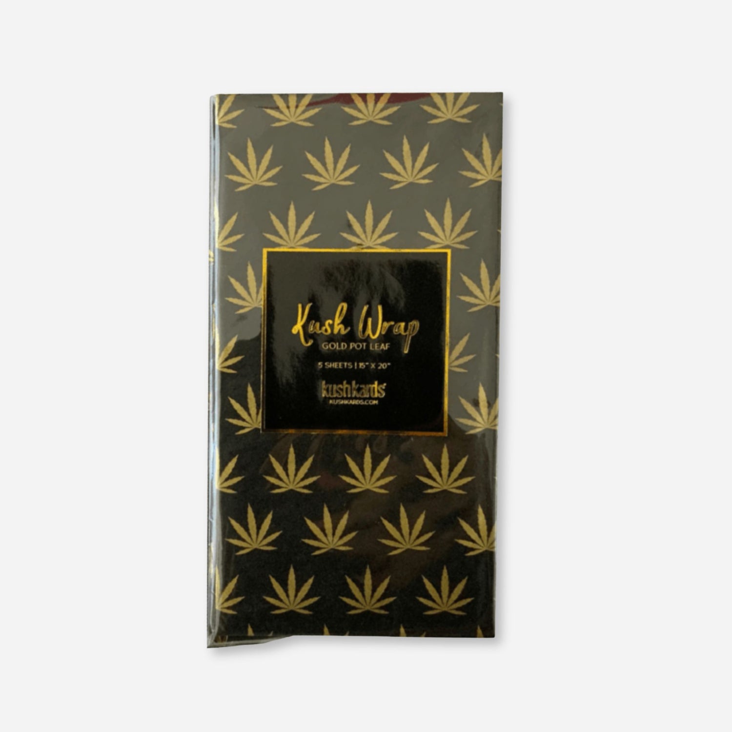  Pack of black tissue paper sheets with gold cannabis leaf pattern, labeled &quot;Kush Wrap – Gold Pot Leaf