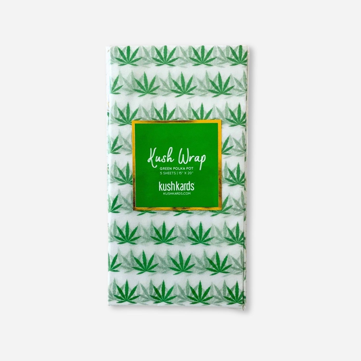 Pack of green tissue paper sheets with green cannabis leaf pattern, labeled &quot;Kush Wrap – Green Pot Leaf