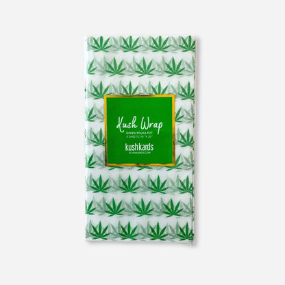 Pack of green tissue paper sheets with green cannabis leaf pattern, labeled &quot;Kush Wrap – Green Pot Leaf