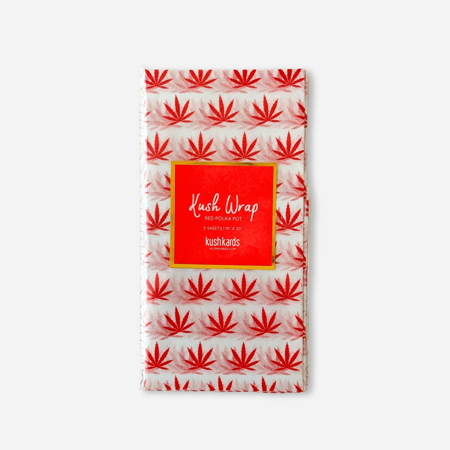  Pack of red tissue paper sheets with red cannabis leaf pattern, labeled &quot;Kush Wrap – red Pot Leaf