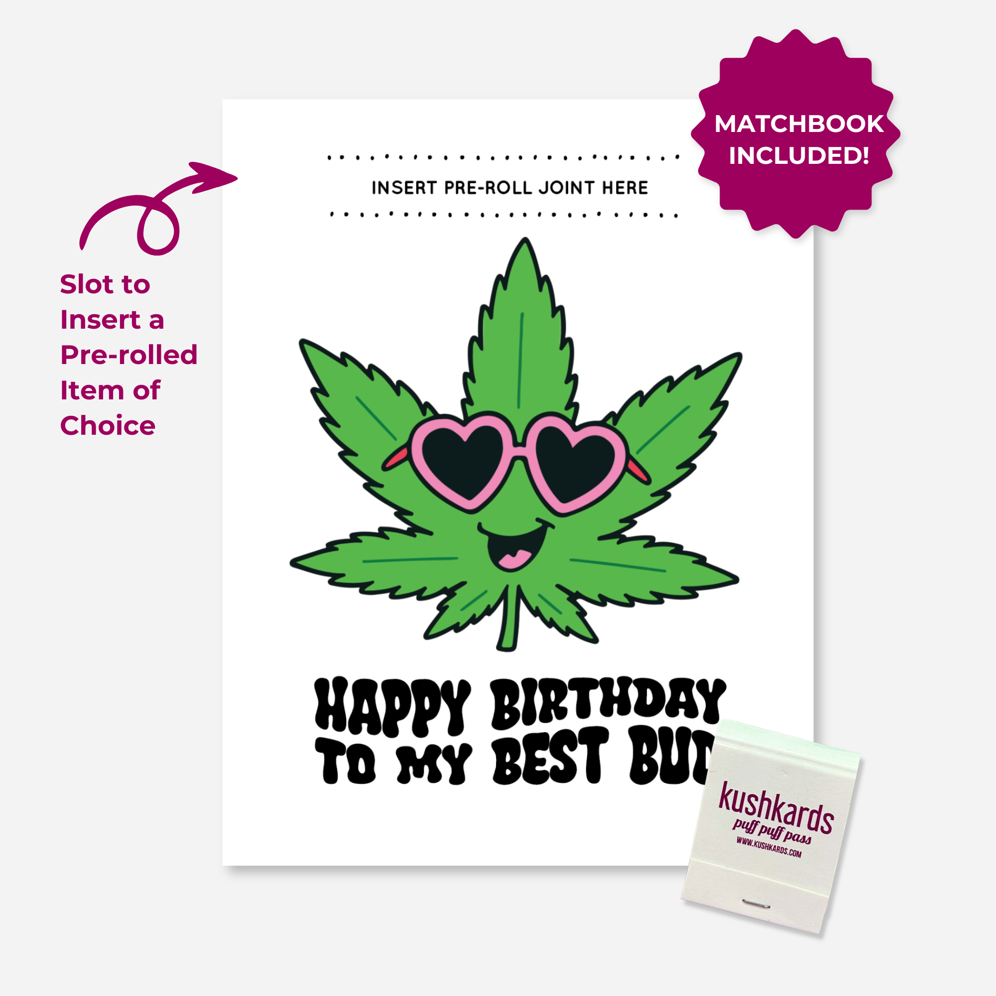 A customizable birthday card design shown on a white card with a green cartoon cannabis leaf wearing pink heart-shaped sunglasses and the text &
