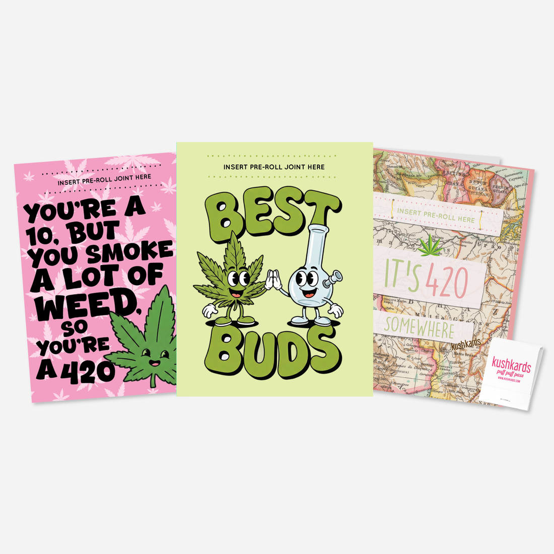 Three 420 Themed Stoner Greeting Cards with a slot to insert a pre roll and a matchbook included