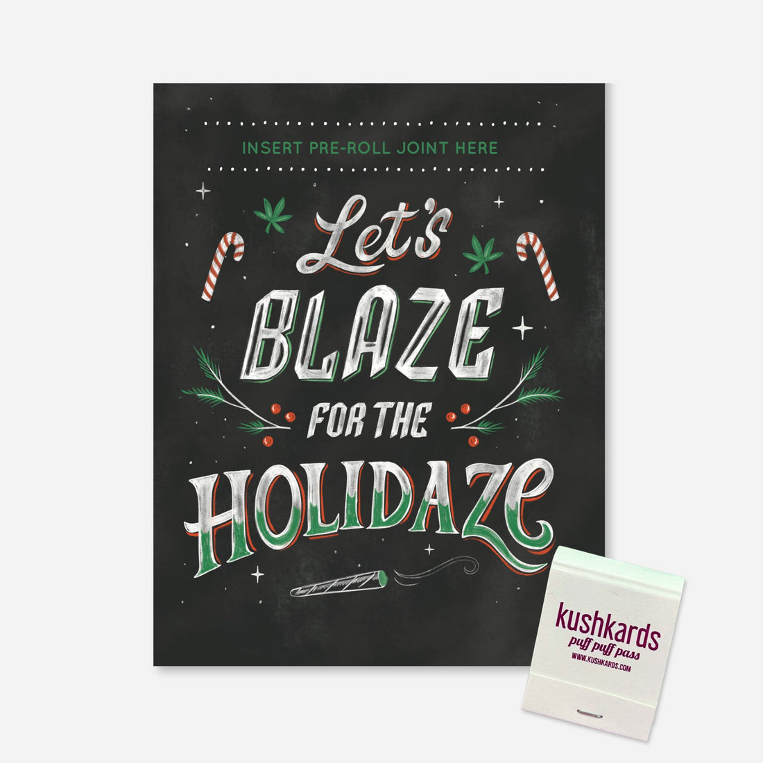Decorative poster with holiday-themed text and a small pouch labeled &