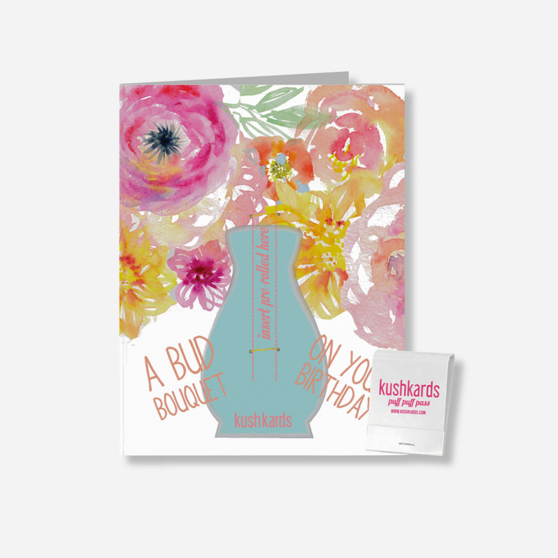 Greeting card with floral design and a cannabis-themed vase, featuring the brand &