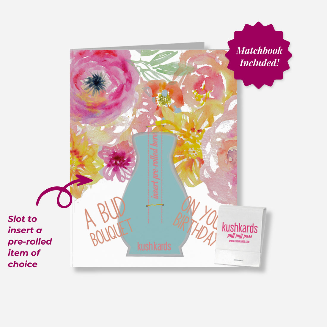 Greeting card with floral design and a cannabis-themed vase, featuring the brand &