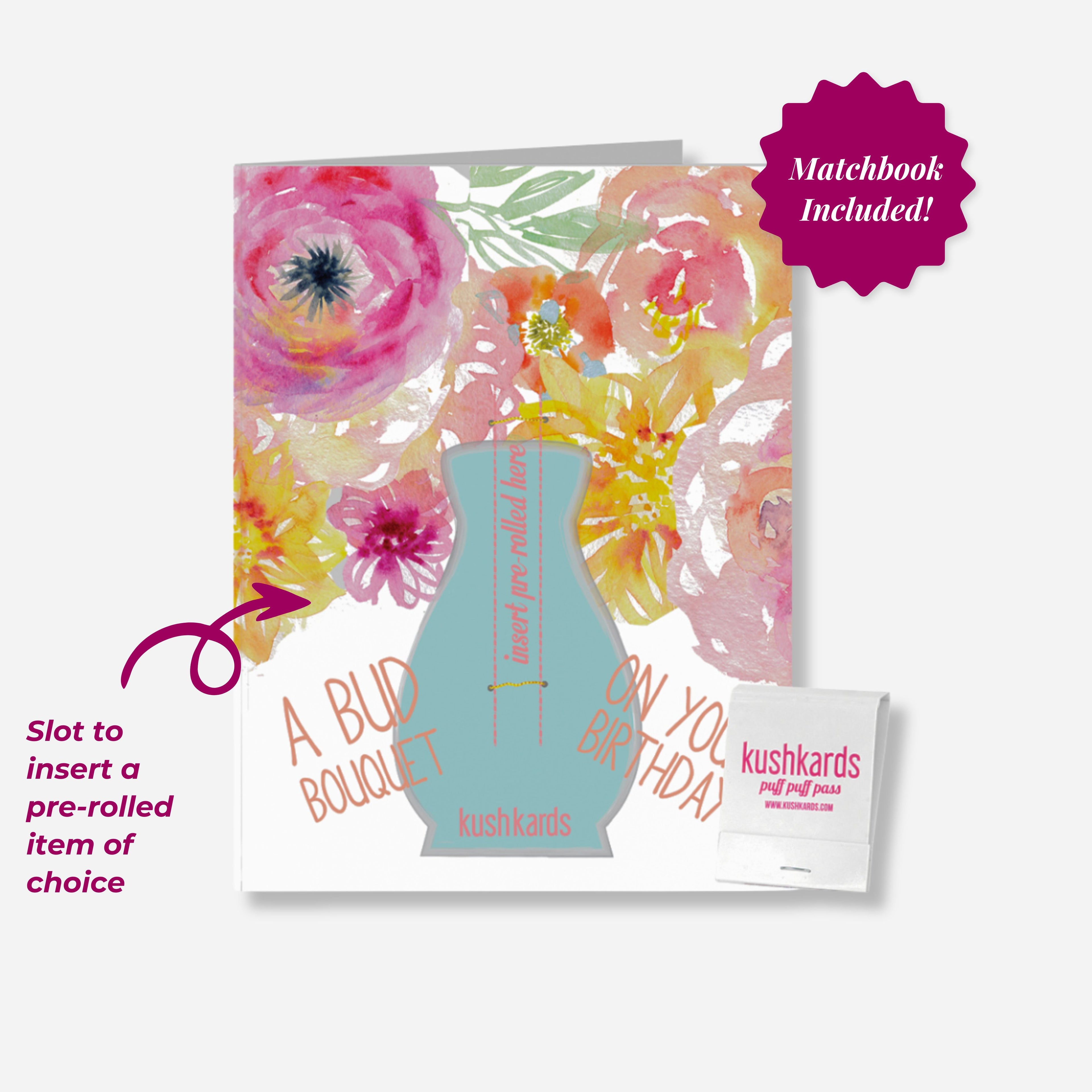 Greeting card with floral design and a cannabis-themed vase, featuring the brand &