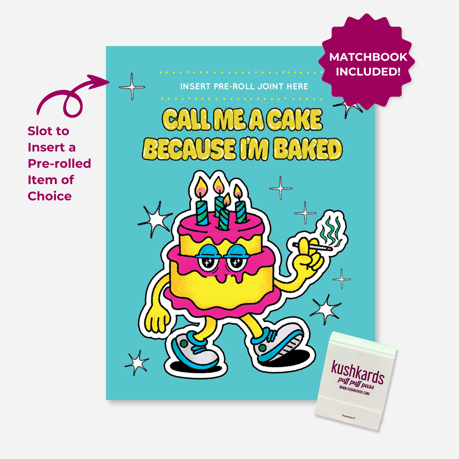 A custom KUSHKARDS matchbook and a  greeting card with a bright turquoise background, featuring a cartoon cake character and the text &