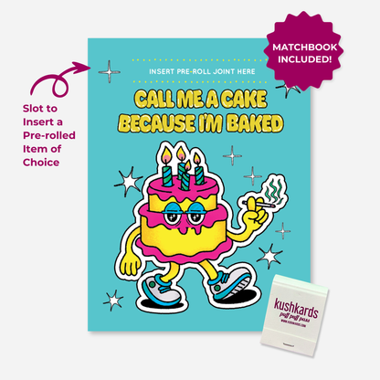 A custom KUSHKARDS matchbook and a  greeting card with a bright turquoise background, featuring a cartoon cake character and the text &
