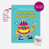 A custom KUSHKARDS matchbook and a  greeting card with a bright turquoise background, featuring a cartoon cake character and the text &