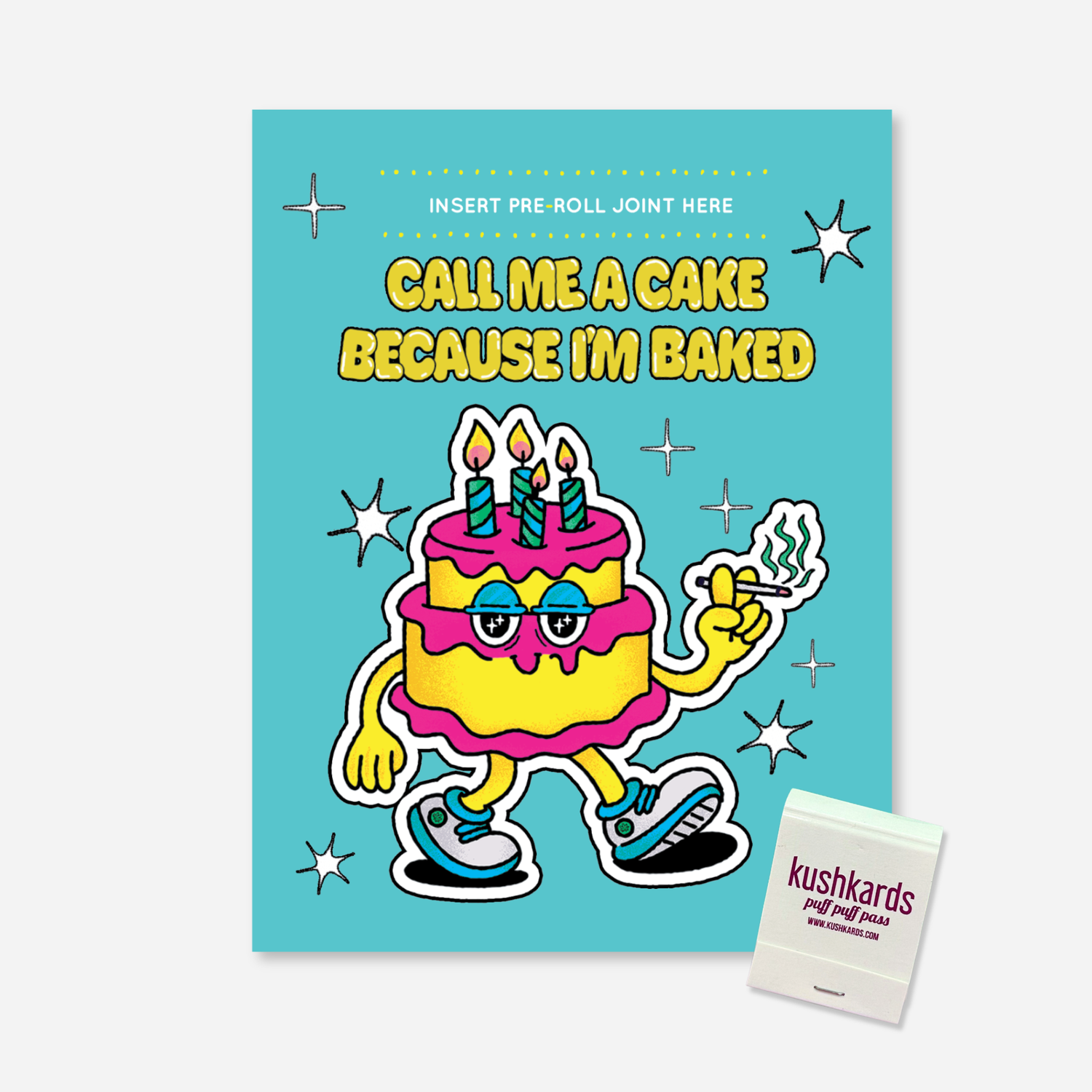 A birthday-themed card set featuring a turquoise card with a cartoon cake character and the text &
