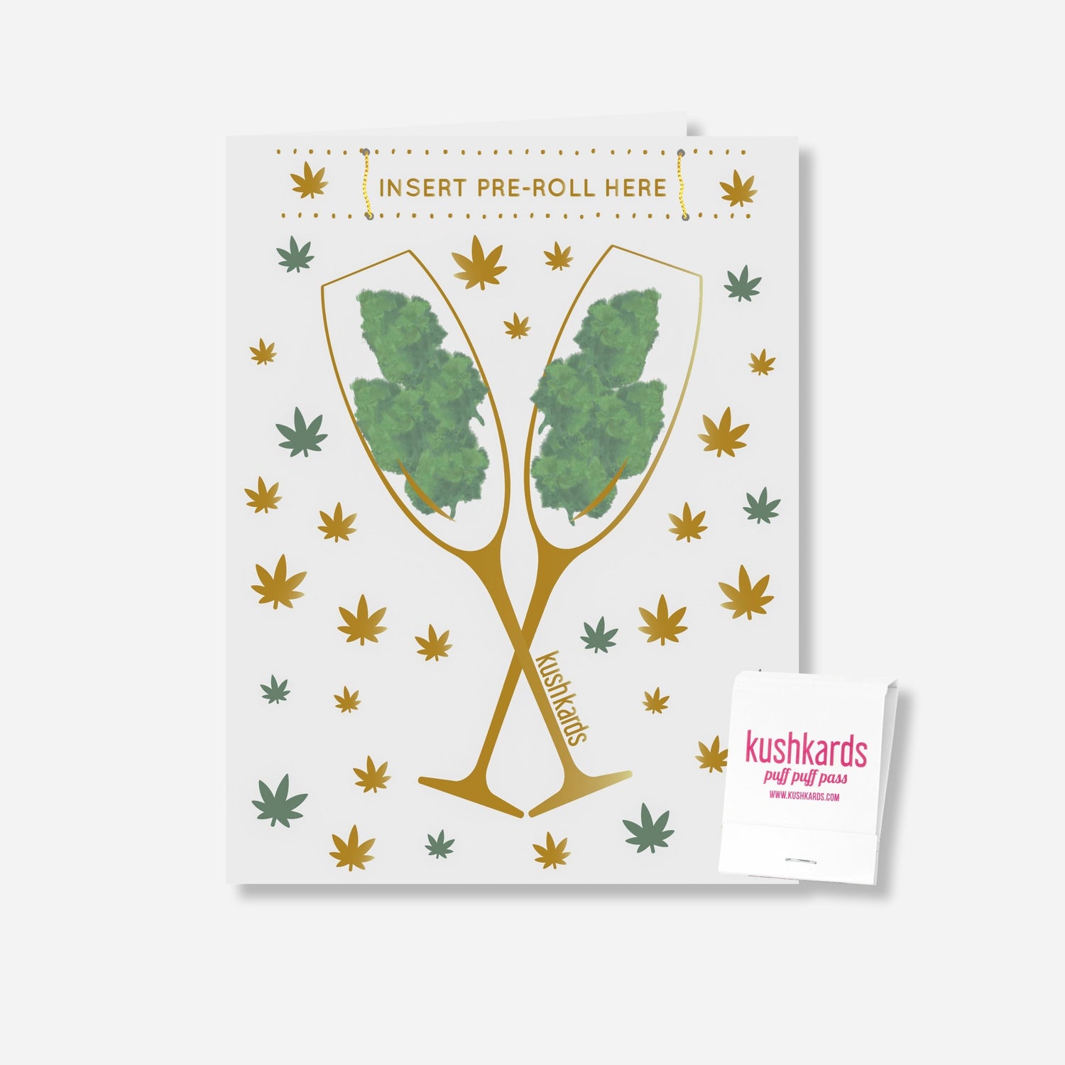 🥂 Congrats Champagne Buds Card - KushKards with 2 champagne glassed filled with nugs on a white background with gold and green pot leafs and a matchbook