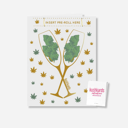 🥂 Congrats Champagne Buds Card - KushKards with 2 champagne glassed filled with nugs on a white background with gold and green pot leafs and a matchbook
