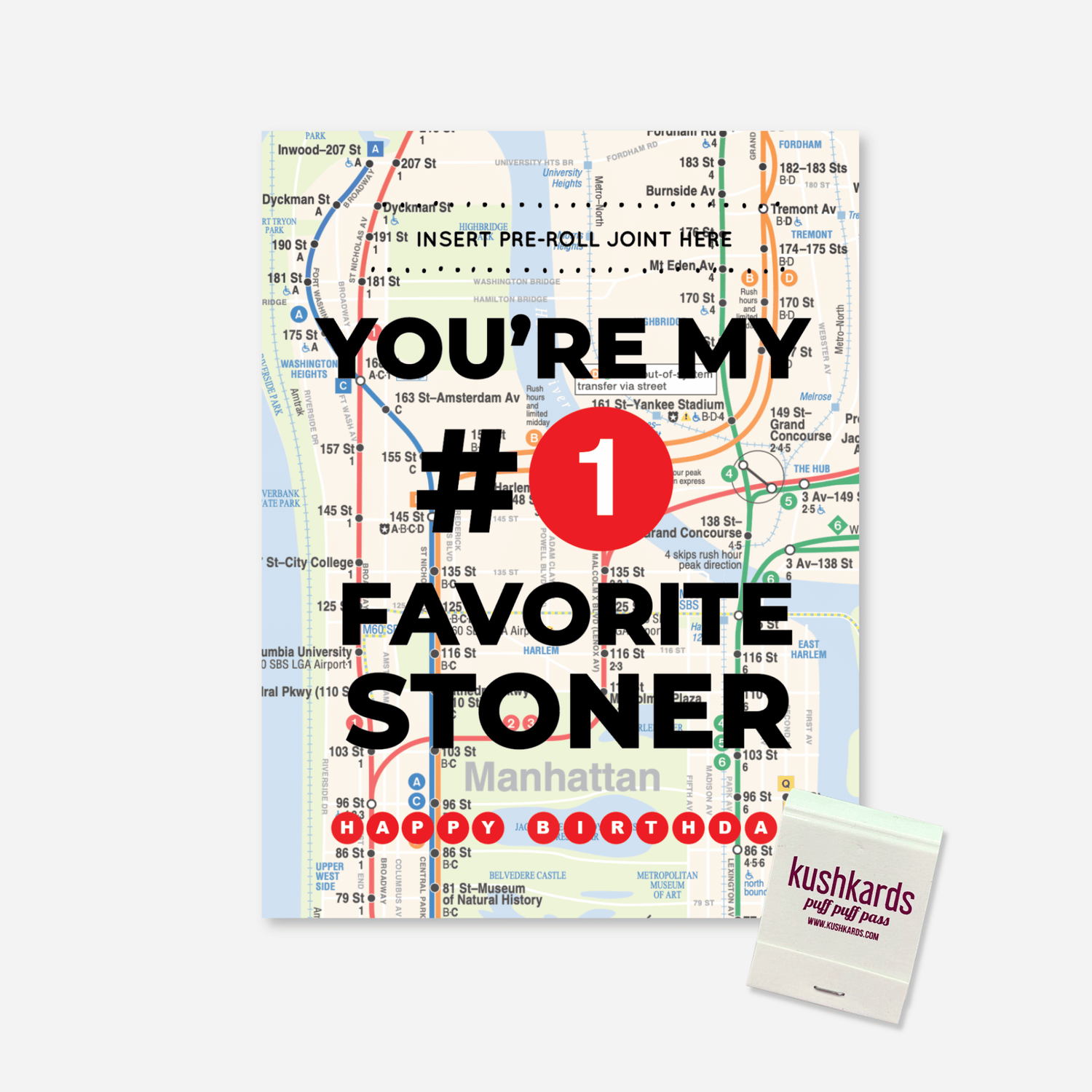 A novelty birthday card featuring a Manhattan street map background with bold black text reading &
