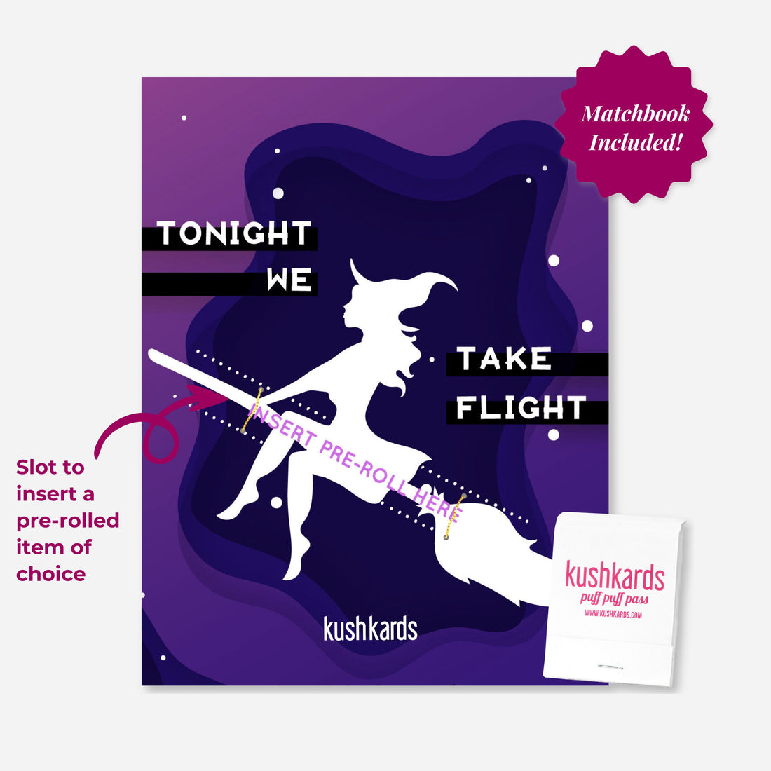A purple greeting card with a dark purple, wavy background and white dots representing stars. A white silhouette of a witch flying on a broomstick is in the center. The text reads &quot;TONIGHT WE TAKE FLIGHT.&quot; There&