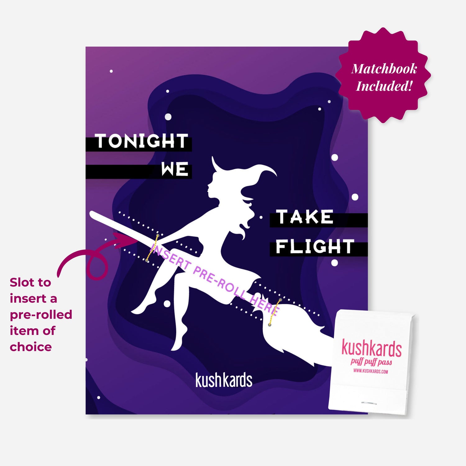 A purple greeting card with a dark purple, wavy background and white dots representing stars. A white silhouette of a witch flying on a broomstick is in the center. The text reads &quot;TONIGHT WE TAKE FLIGHT.&quot; There&