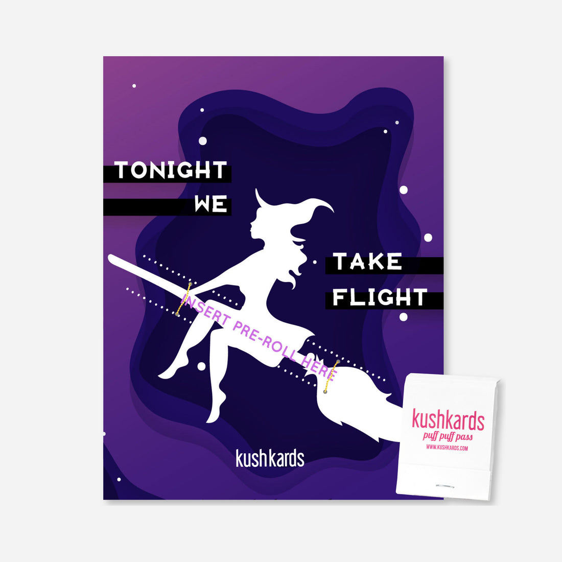 A purple greeting card with a dark purple, wavy background and white dots representing stars. A white silhouette of a witch flying on a broomstick is in the center. The text reads &quot;TONIGHT WE TAKE FLIGHT.&quot; There&